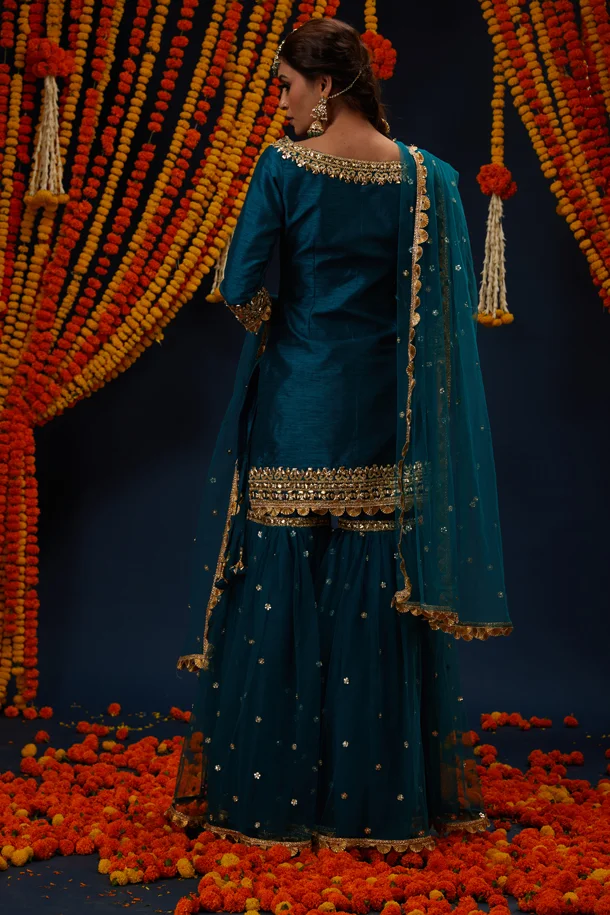 Bottle Green Gotawork Embroidered Kurta Gharara Set - Image 4