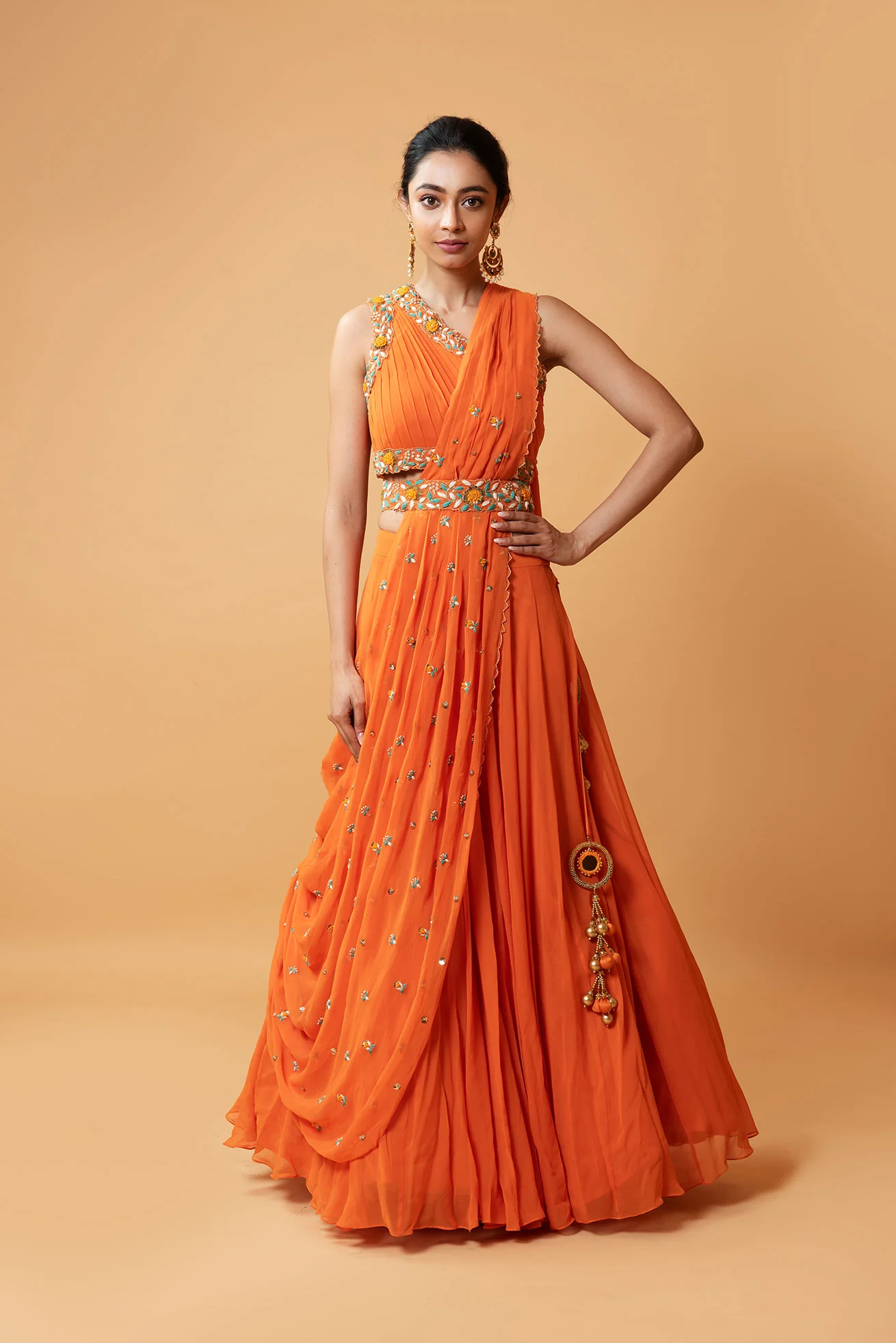 Bright Orange Hand Embroidered Draped Lehenga Set