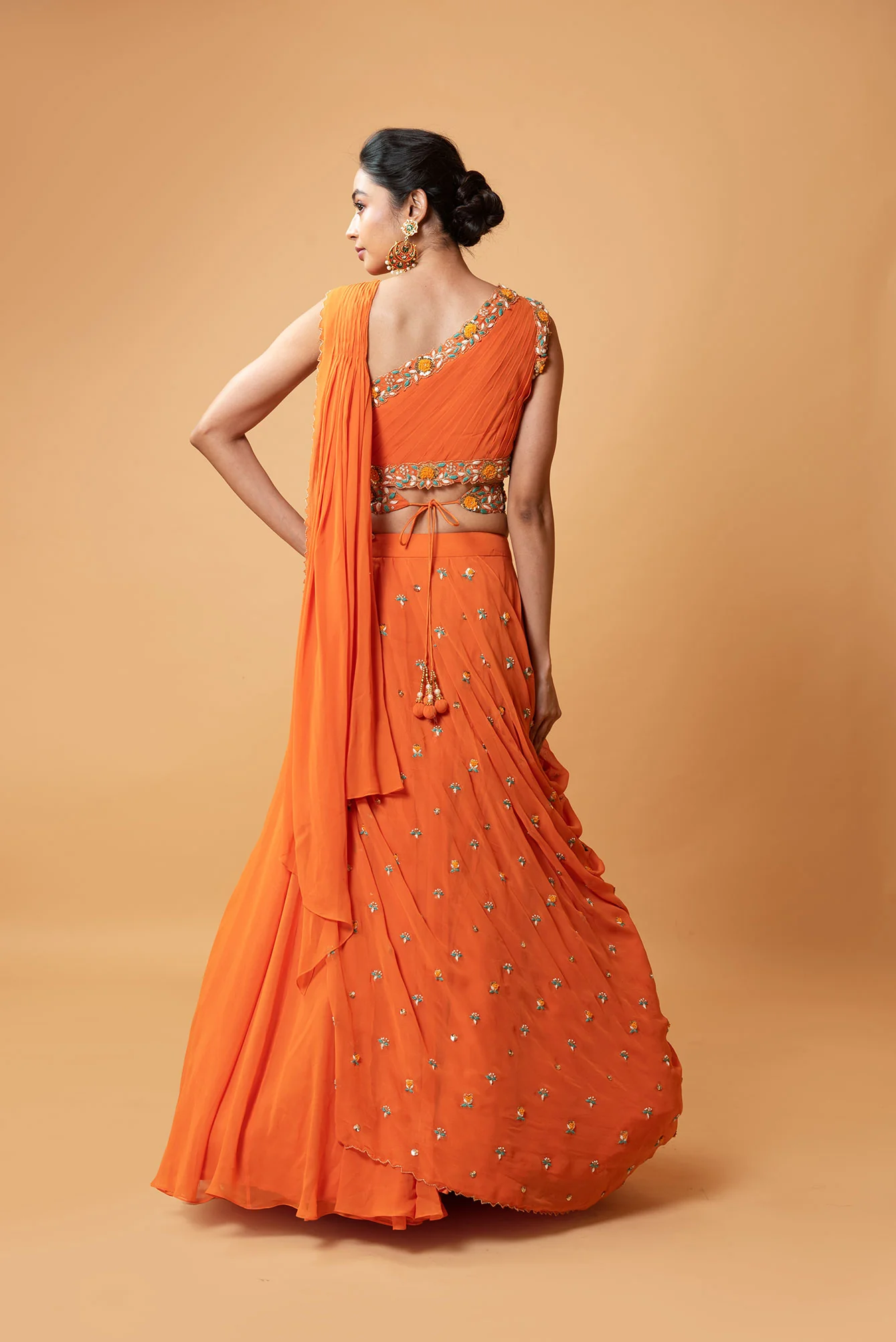 Bright Orange Hand Embroidered Draped Lehenga Set - Image 2