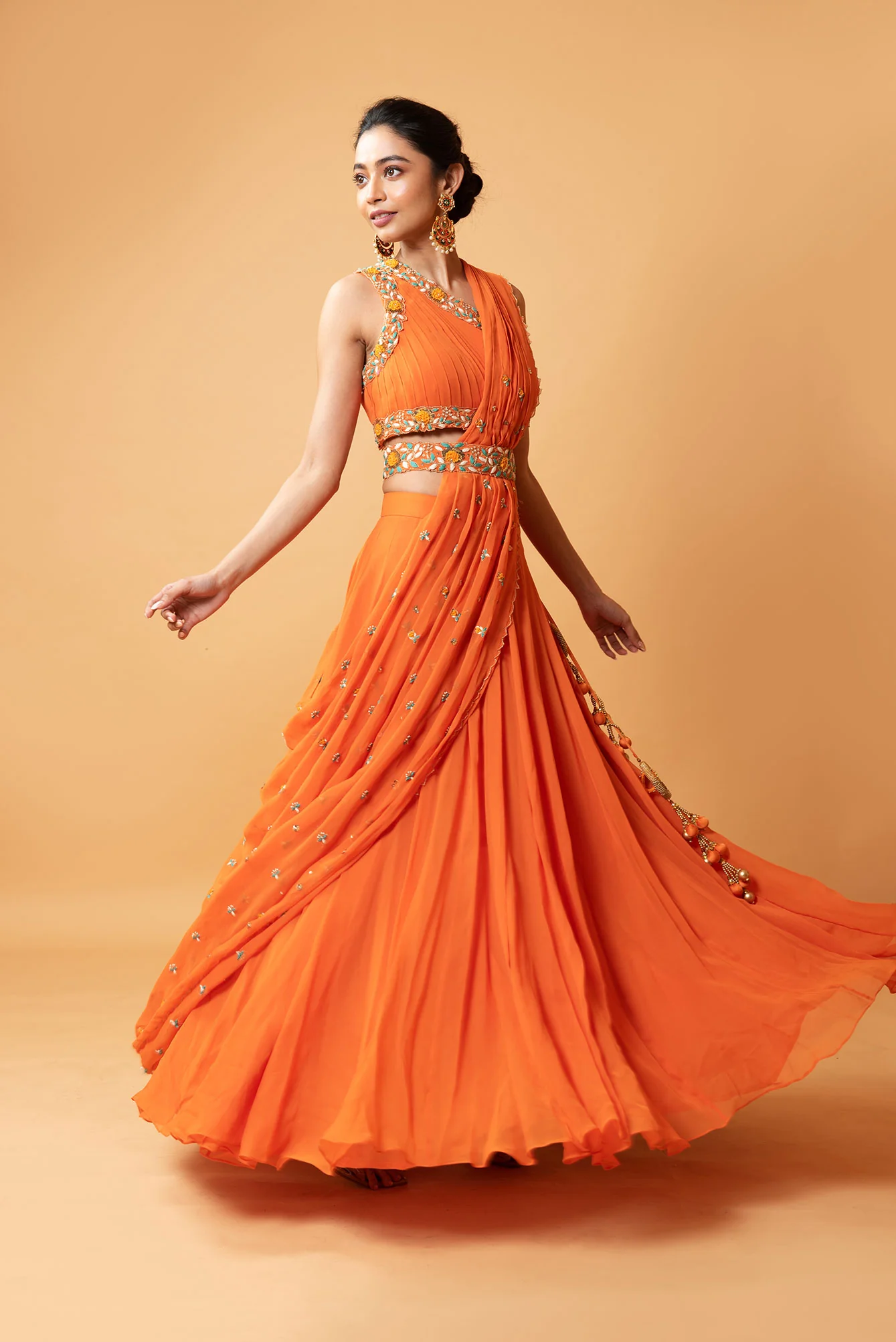 Bright Orange Hand Embroidered Draped Lehenga Set - Image 3