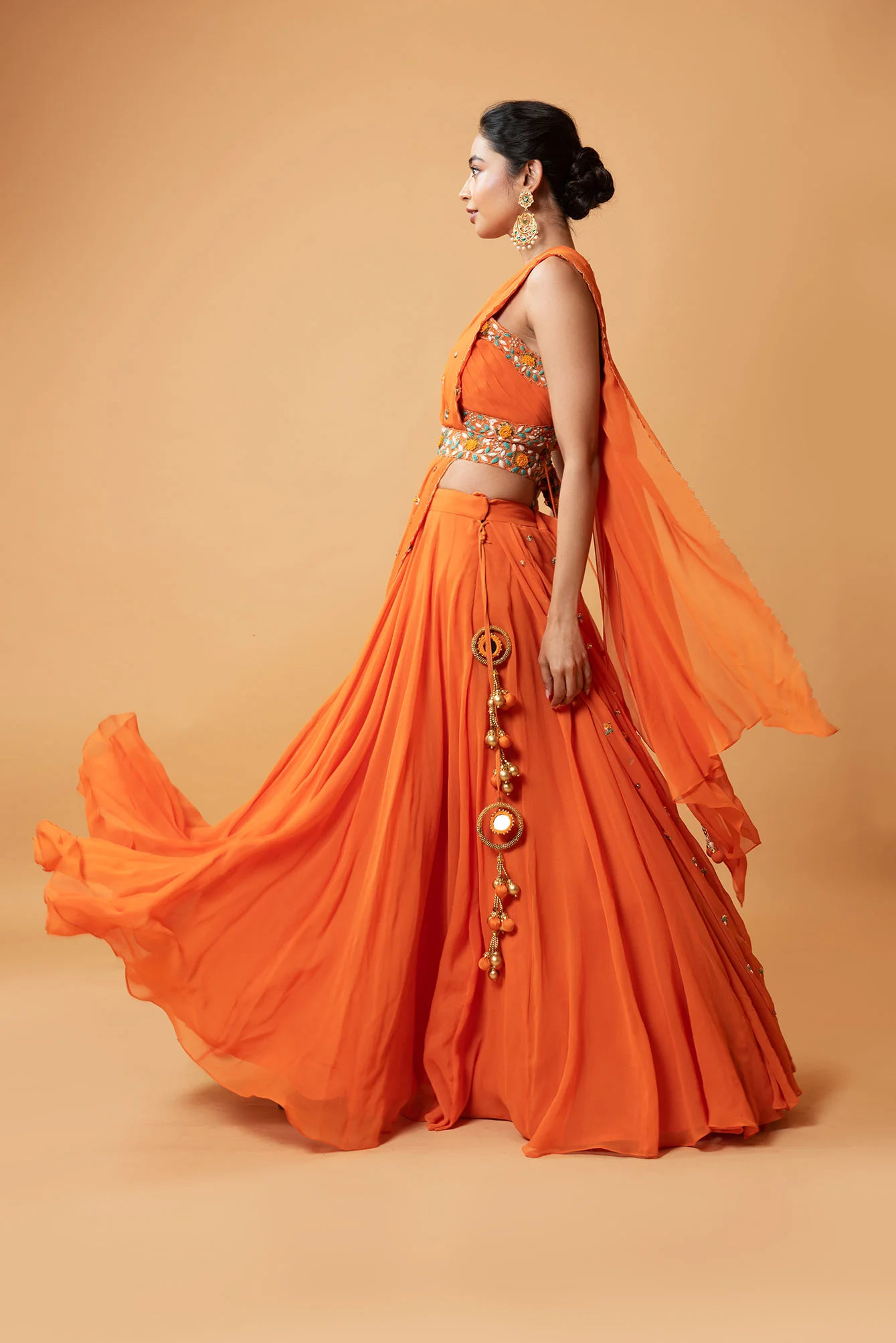 Bright Orange Hand Embroidered Draped Lehenga Set - Image 4
