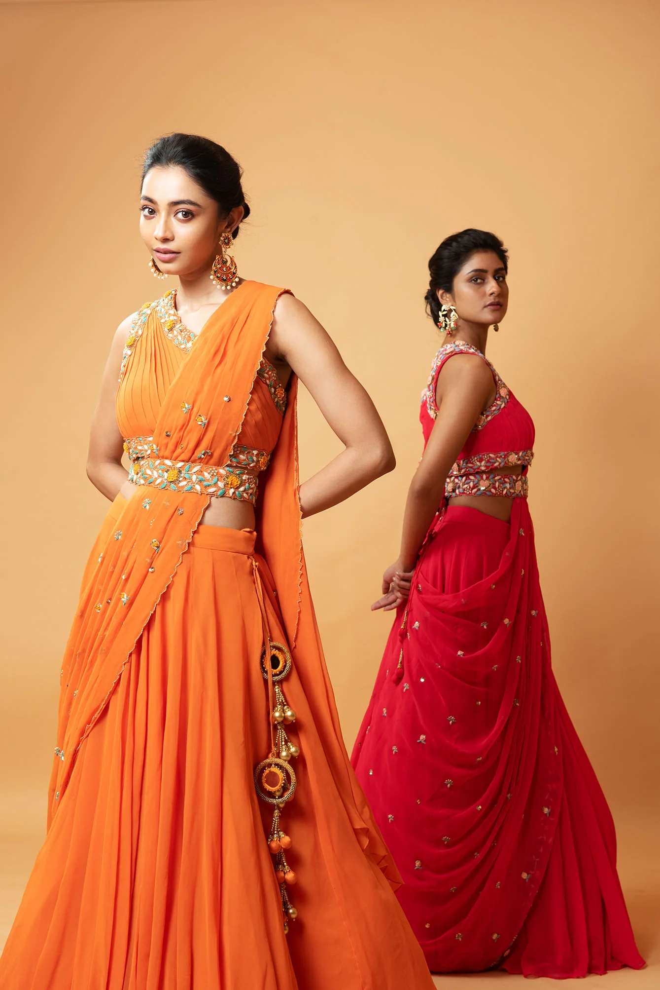 Bright Orange Hand Embroidered Draped Lehenga Set - Image 5