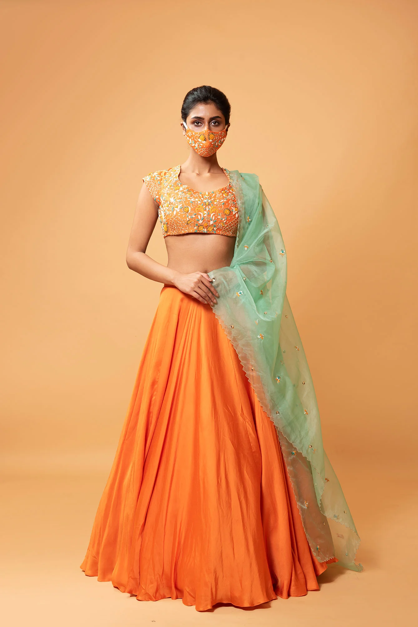 Bright Orange Hand Embroidered Lehenga Set