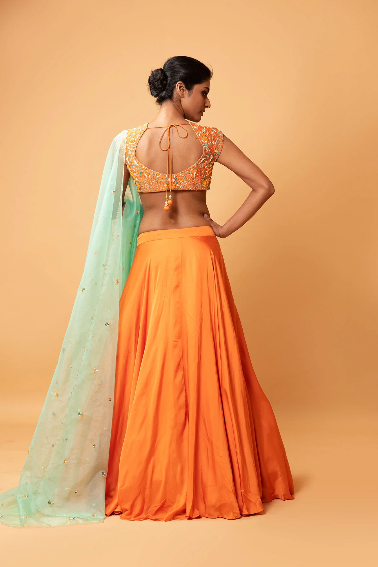 Bright Orange Hand Embroidered Lehenga Set - Image 2