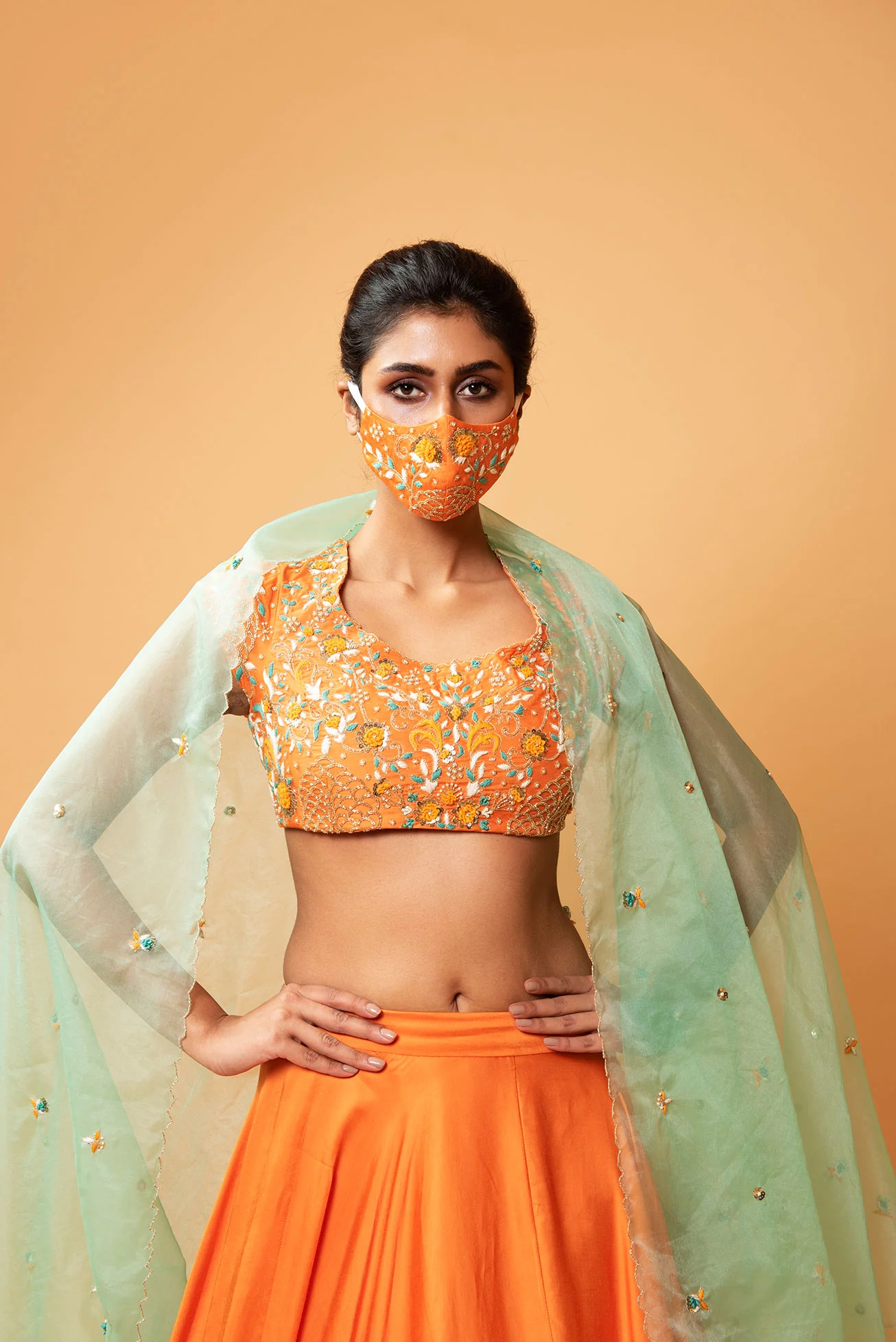 Bright Orange Hand Embroidered Lehenga Set - Image 3