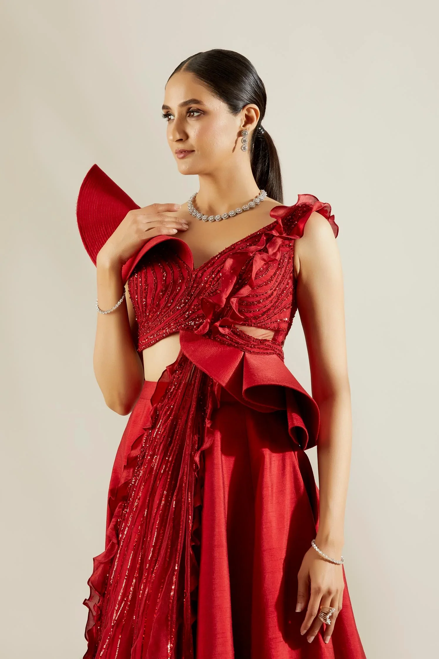 Brill Crimson Sculpted Blouse and Skirt - Image 3