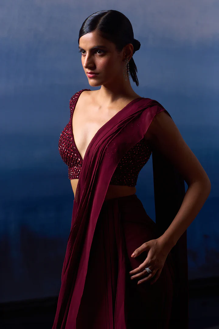 Burgundy Drape Saree - Image 3