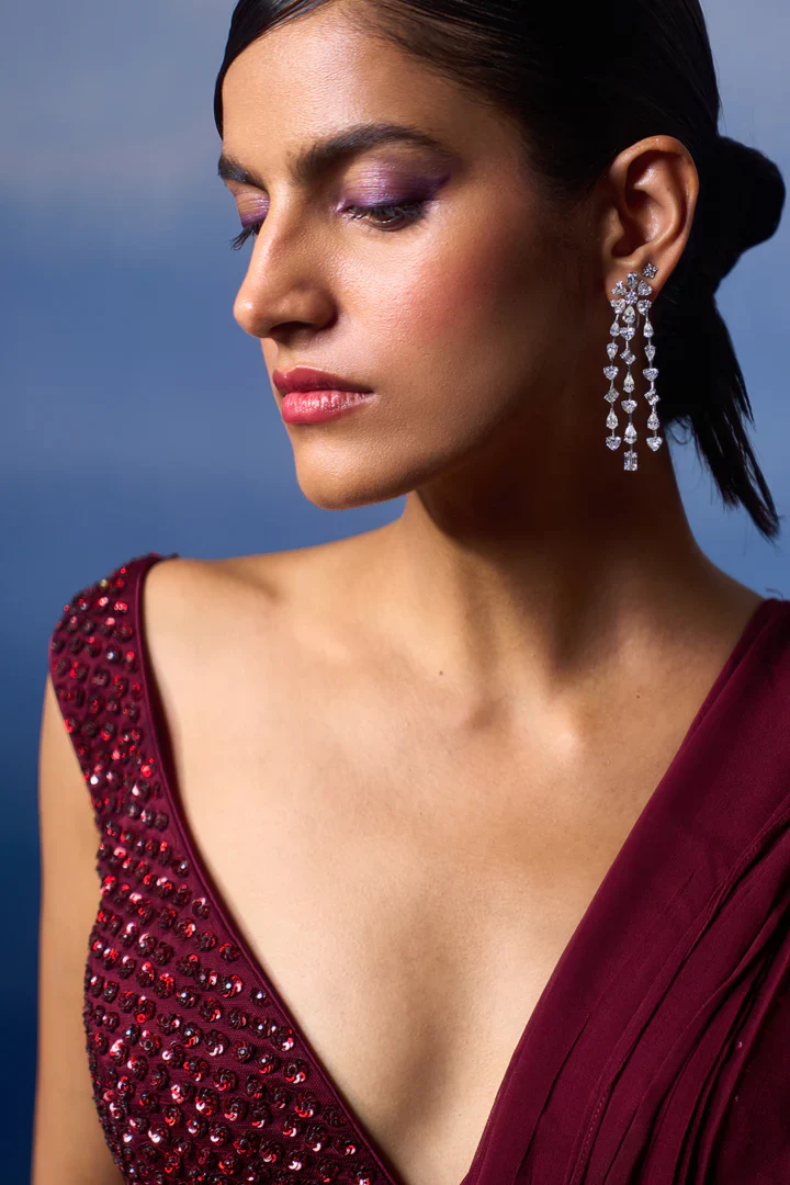 Burgundy Drape Saree - Image 4
