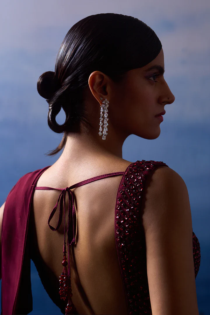 Burgundy Drape Saree - Image 5