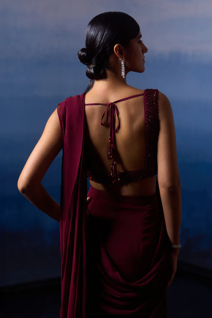 Burgundy Drape Saree - Image 6