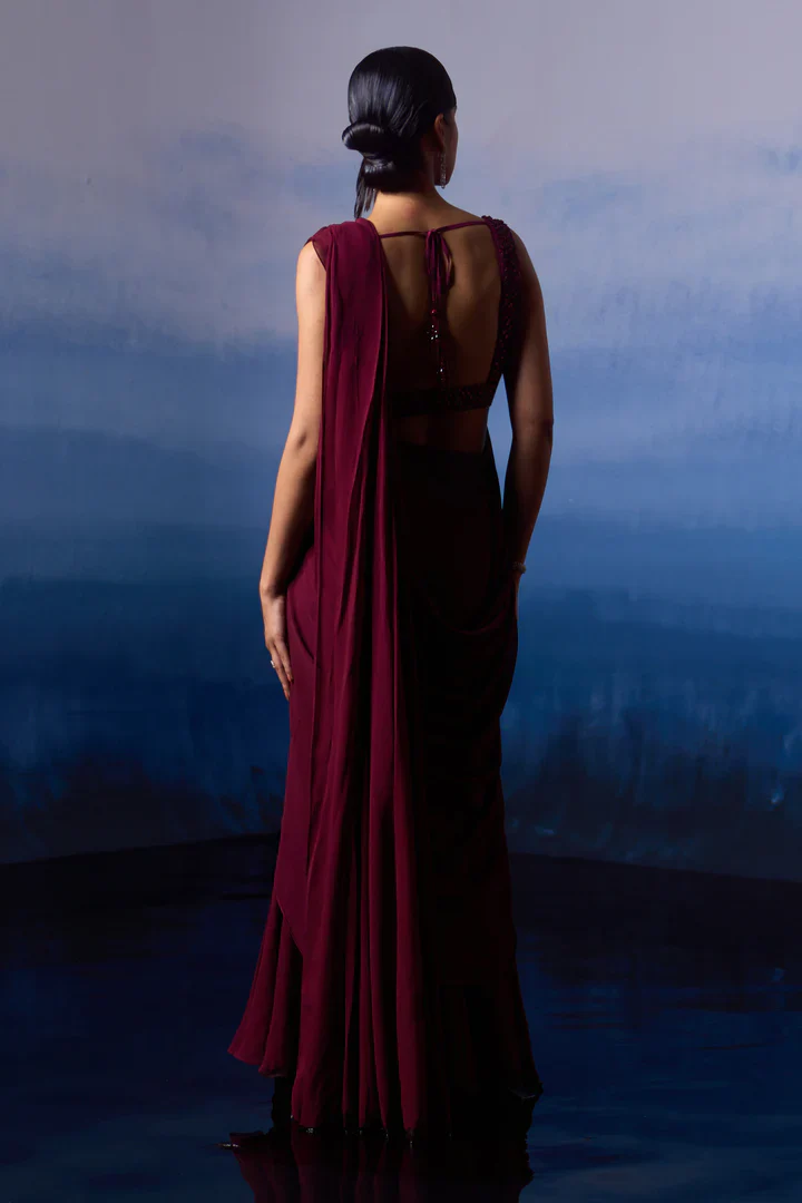 Burgundy Drape Saree - Image 7