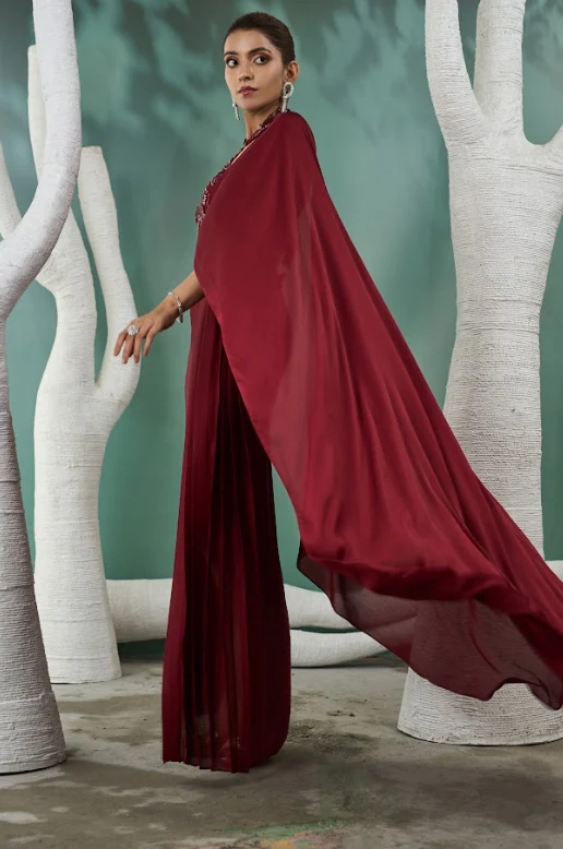 Burgundy Drape Saree Set - Image 5