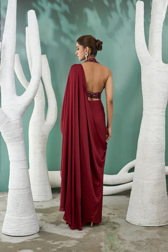 Burgundy Drape Saree Set - Image 6