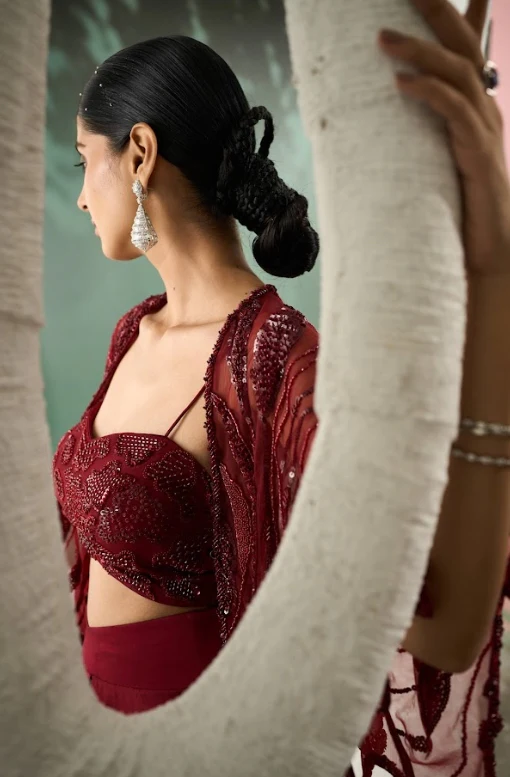 Burgundy Drape Skirt & Shrug Set - Image 4