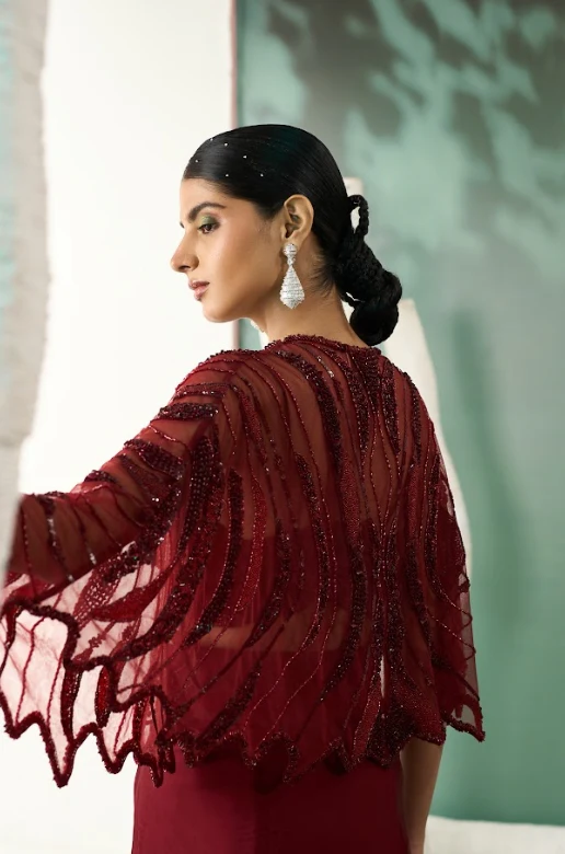 Burgundy Drape Skirt & Shrug Set - Image 6