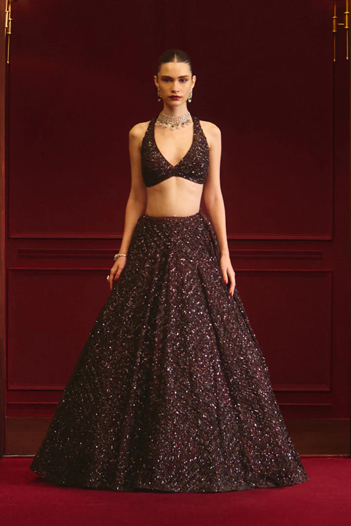 Burgundy Net Sequins Embellished Lehenga Set - Image 2