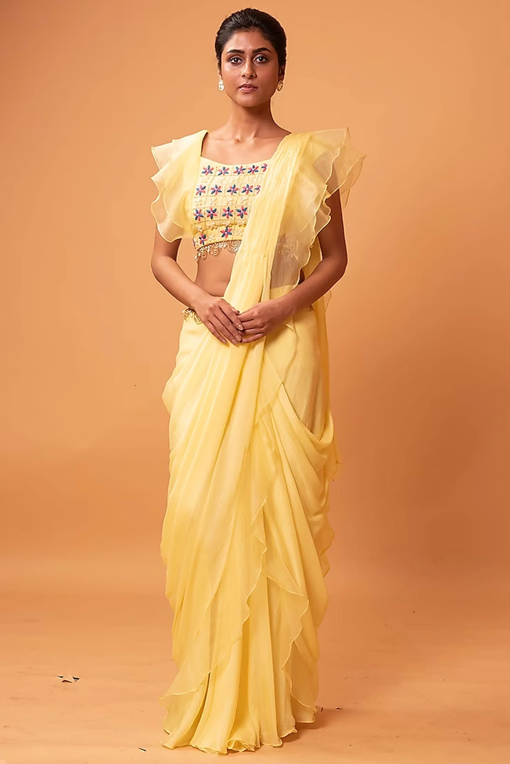 Butter Yellow Georgette & Organza Ruffled Saree Set