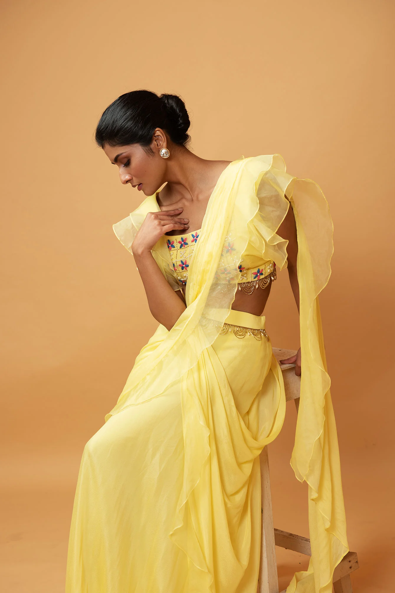 Butter Yellow Georgette & Organza Ruffled Saree Set - Image 2