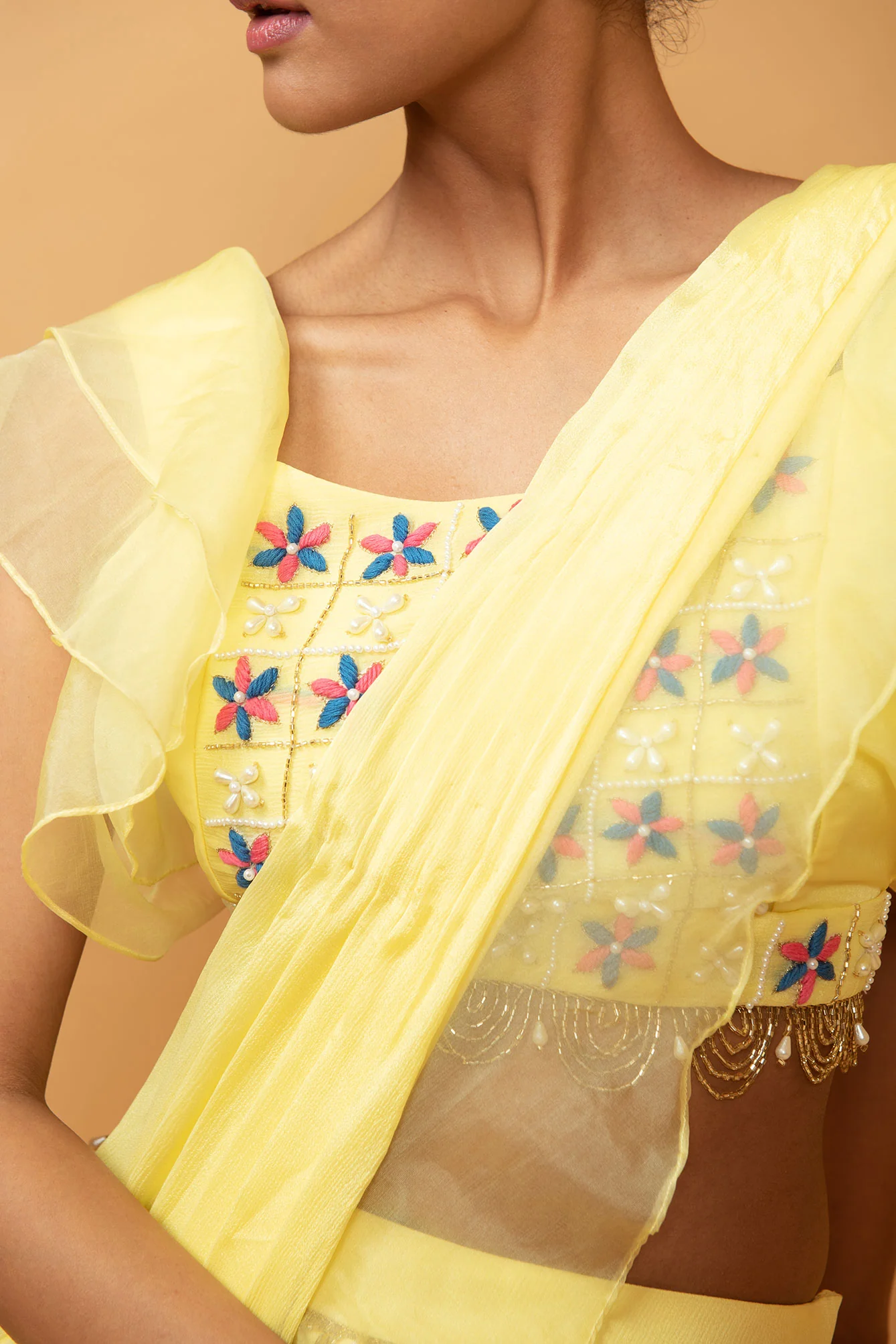 Butter Yellow Georgette & Organza Ruffled Saree Set - Image 3