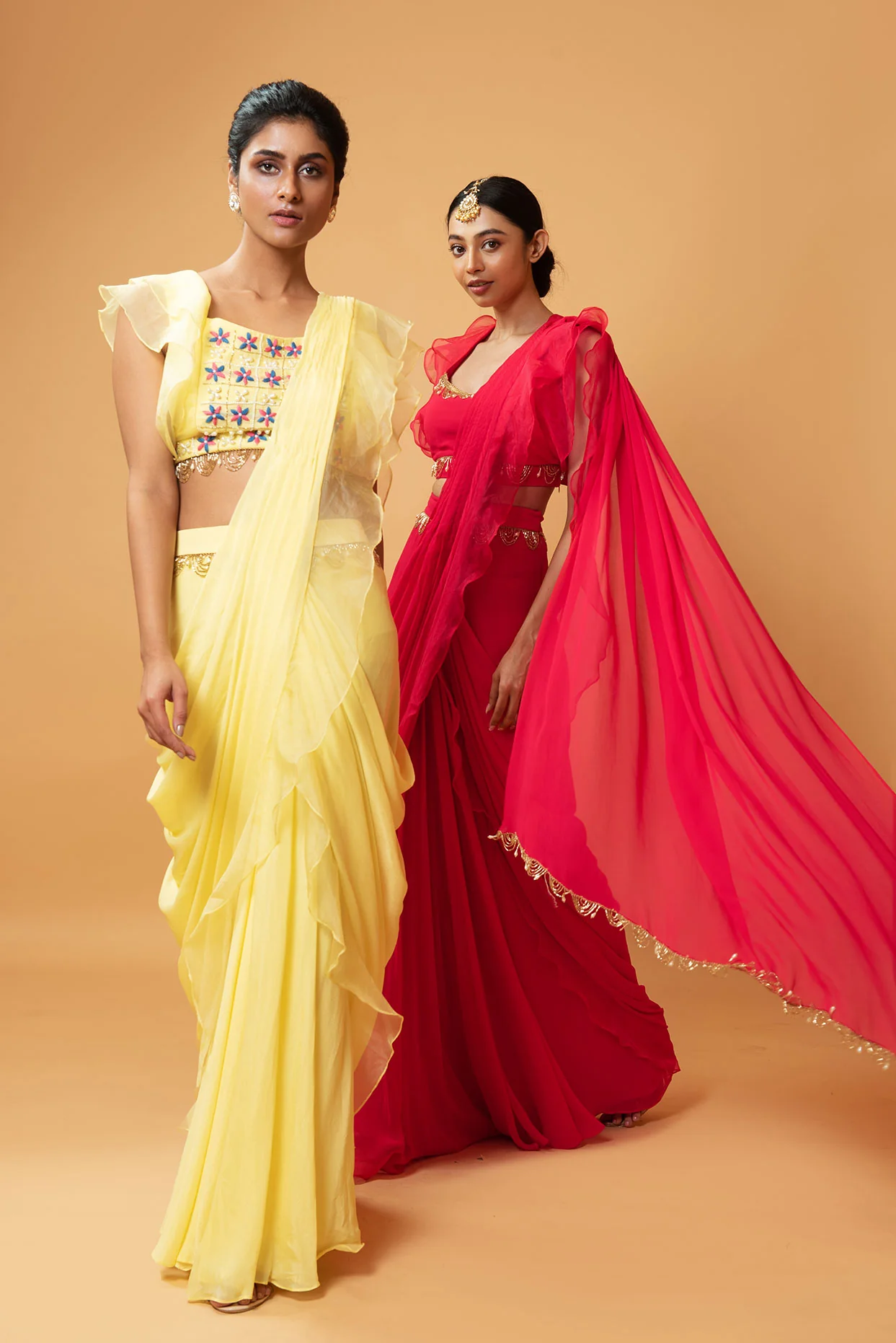 Butter Yellow Georgette & Organza Ruffled Saree Set - Image 4