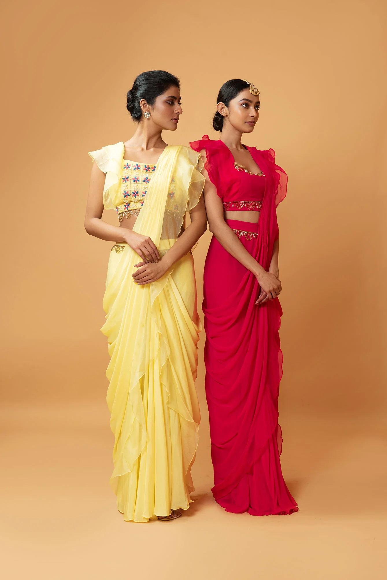 Butter Yellow Georgette & Organza Ruffled Saree Set - Image 5