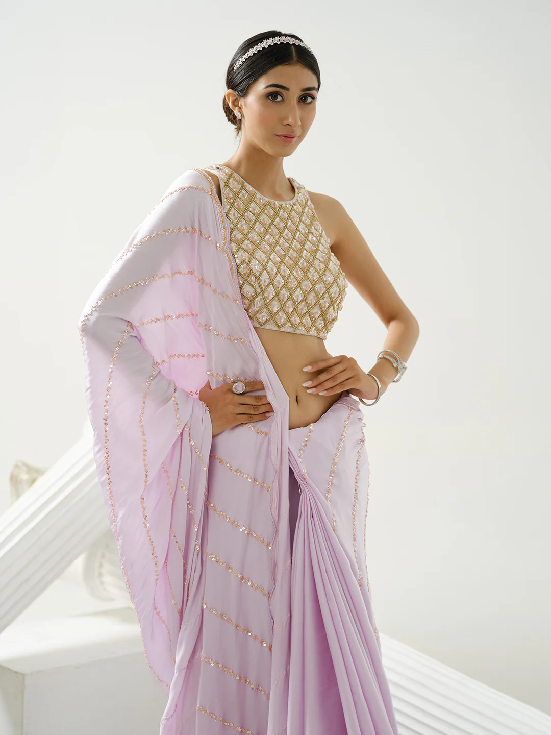 Caprice Lilac Sequin Scallop Saree - Image 2
