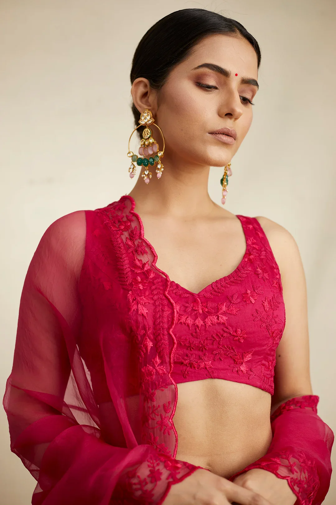 Carmine Pink Organza Lehenga Set - Image 3