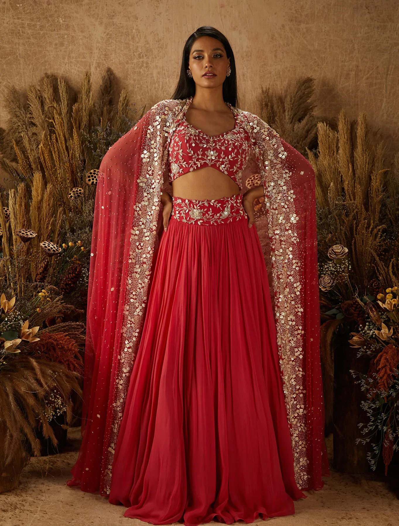CAROLINE - Coral Gathered Georgette Lehenga