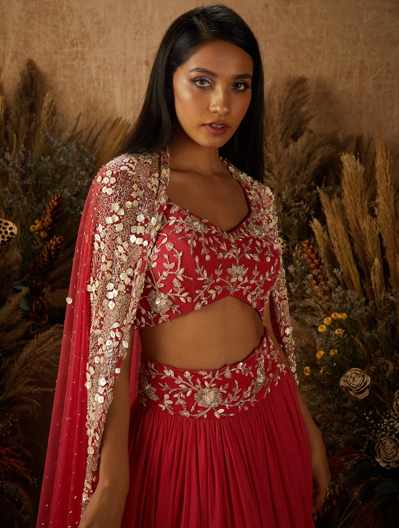 CAROLINE - Coral Gathered Georgette Lehenga - Image 3
