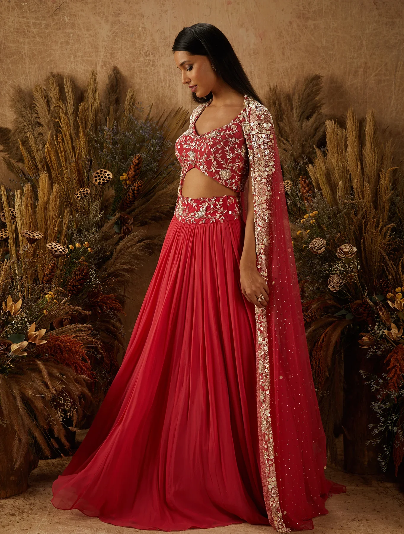 CAROLINE - Coral Gathered Georgette Lehenga - Image 4