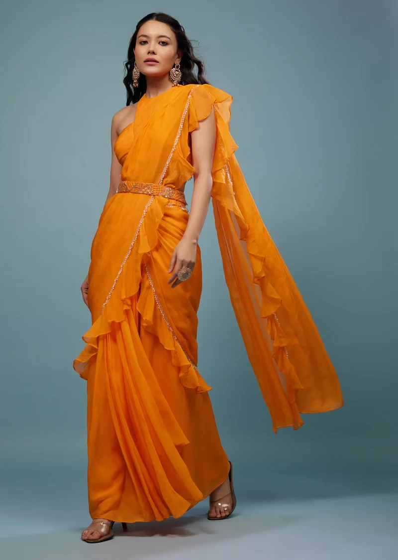 Carrot Orange Ready-Pleated Saree With Frill Pallu