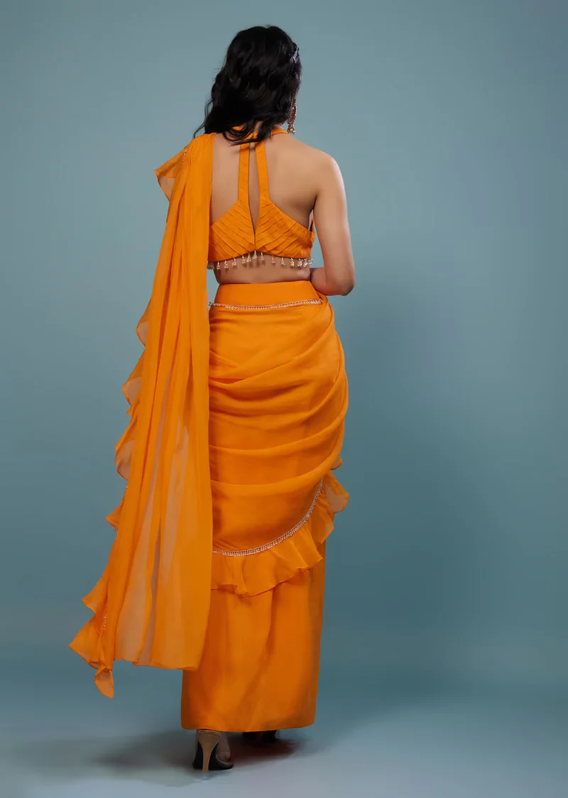 Carrot Orange Ready-Pleated Saree With Frill Pallu - Image 3