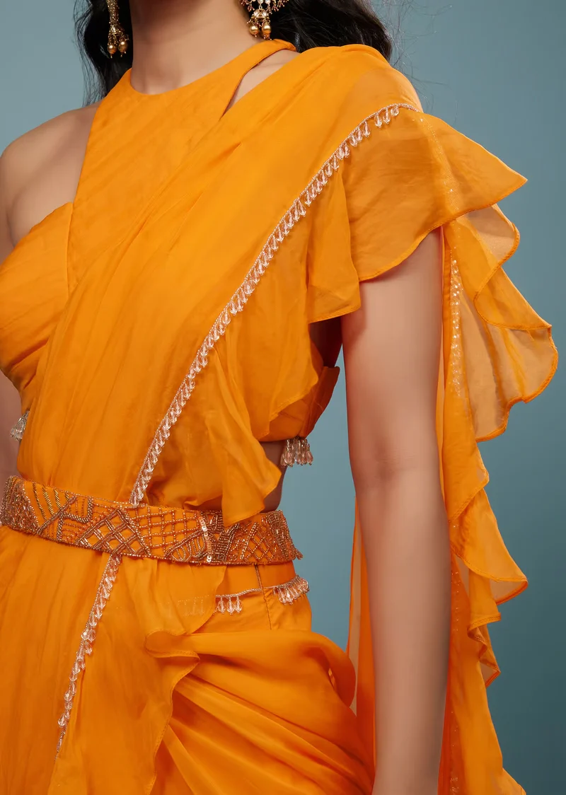 Carrot Orange Ready-Pleated Saree With Frill Pallu - Image 4