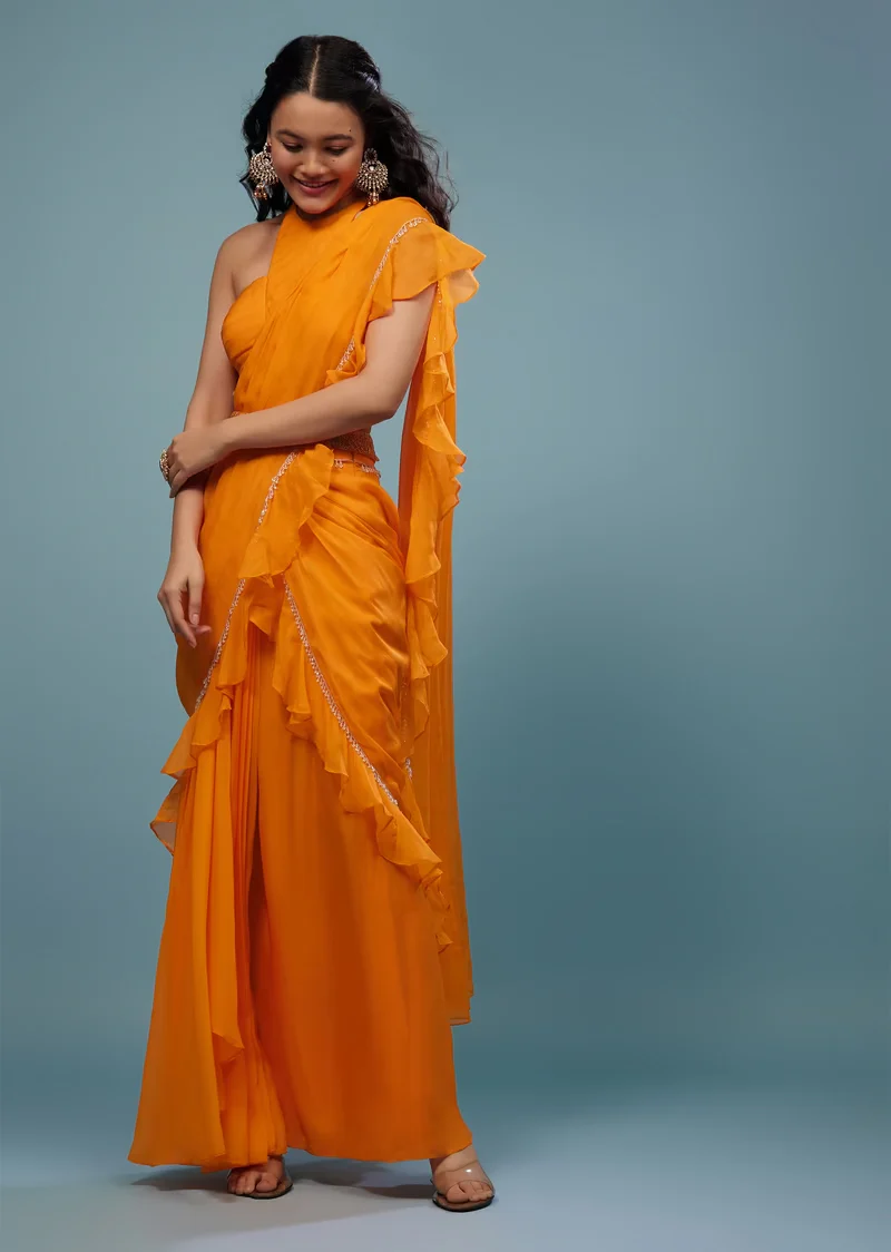 Carrot Orange Ready-Pleated Saree With Frill Pallu - Image 5