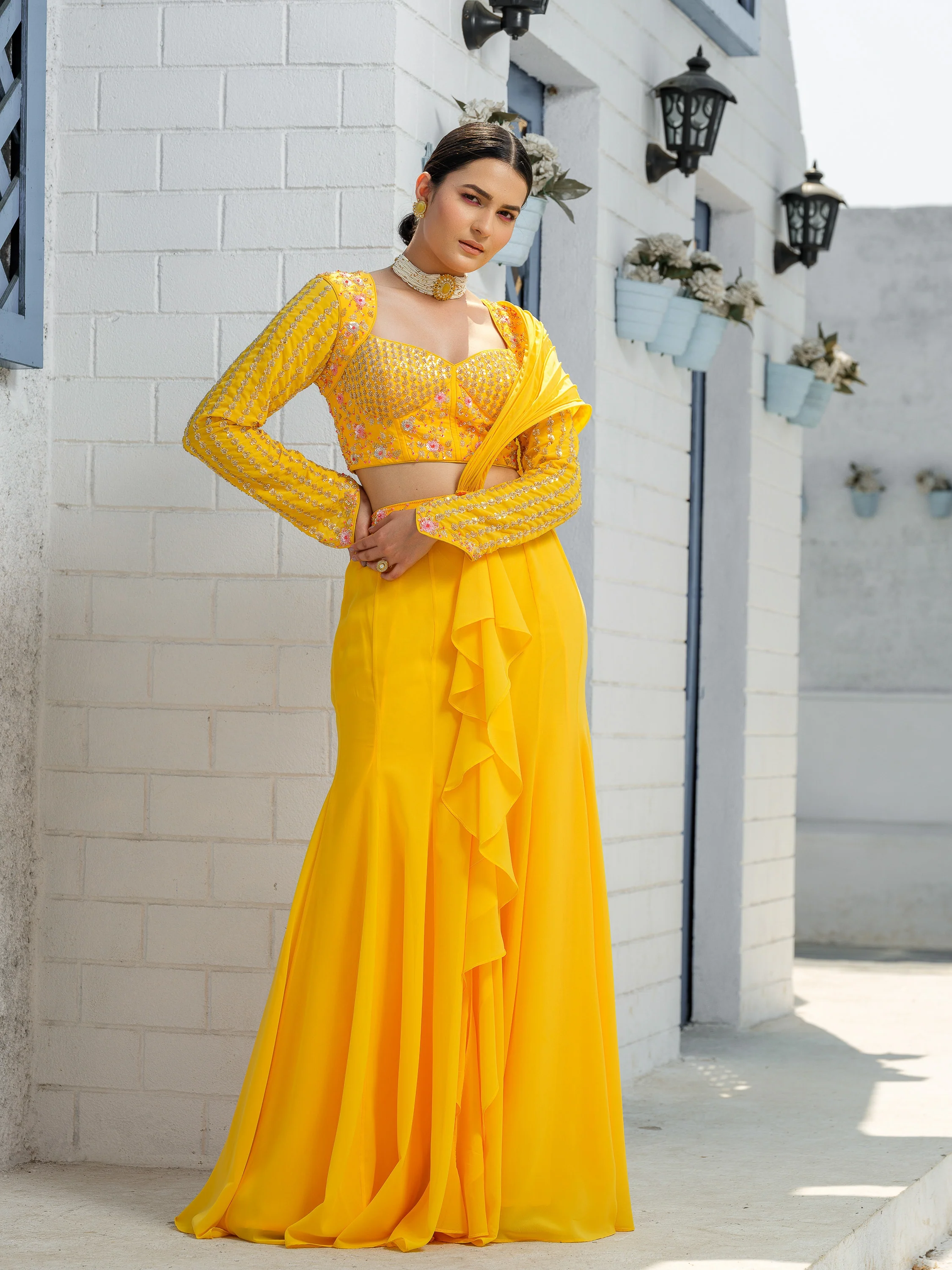 Catherine Yellow Mermaid Drape Saree - Image 3