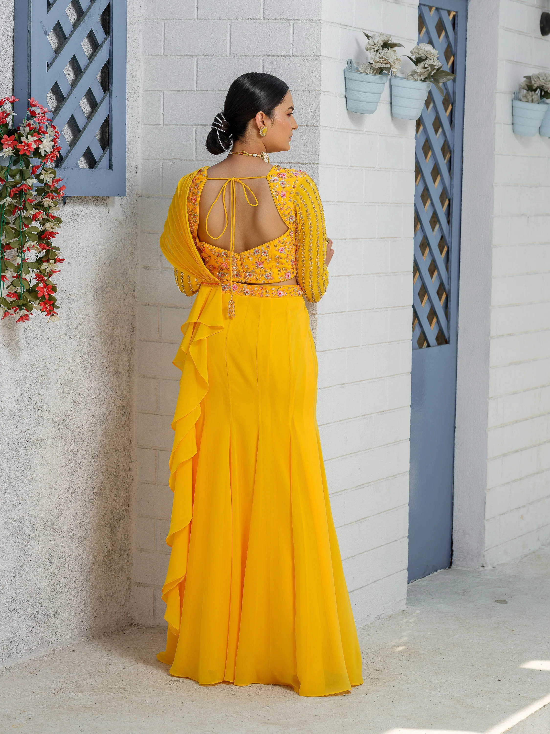Catherine Yellow Mermaid Drape Saree - Image 4