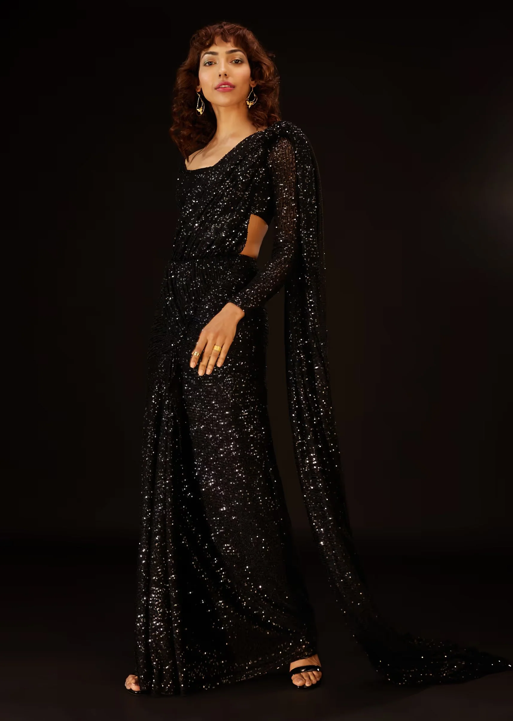 Caviar Black Pre-Pleated Saree In Sequins - Image 2