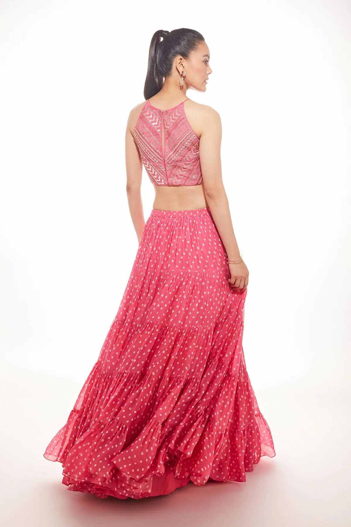 Chamee & Palak Halter pink bandhani lehenga - Image 3
