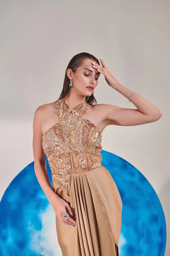 Champagne Gold Corset Halterneck Gown - Image 2