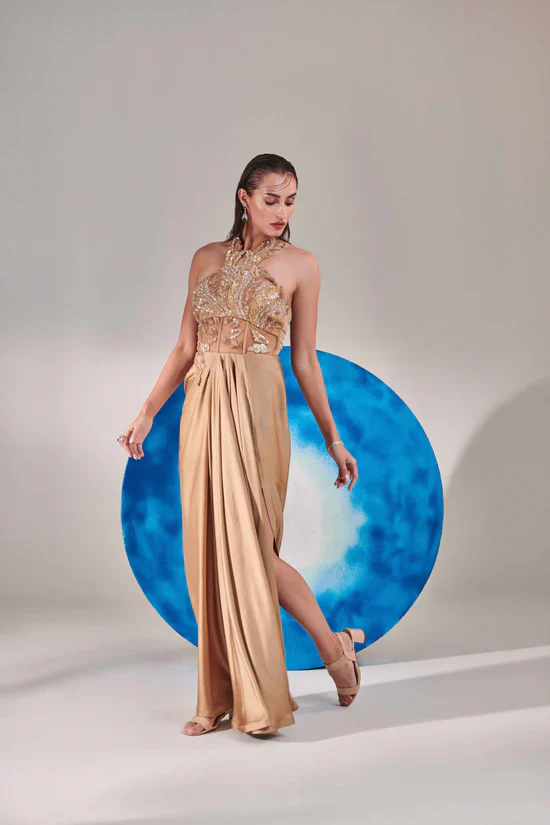Champagne Gold Corset Halterneck Gown - Image 3