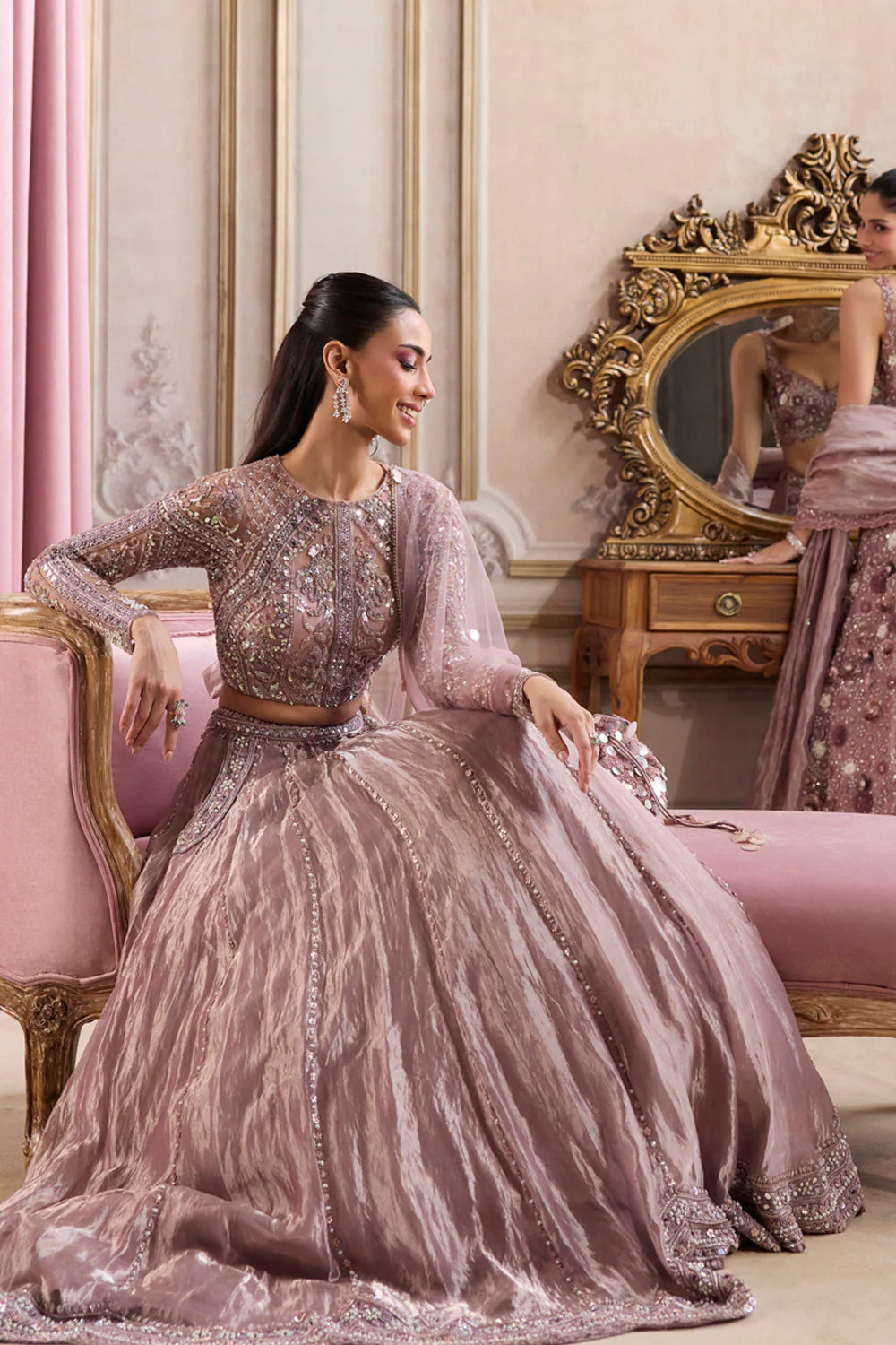 Champagne rose tissue lehenga set - Image 5