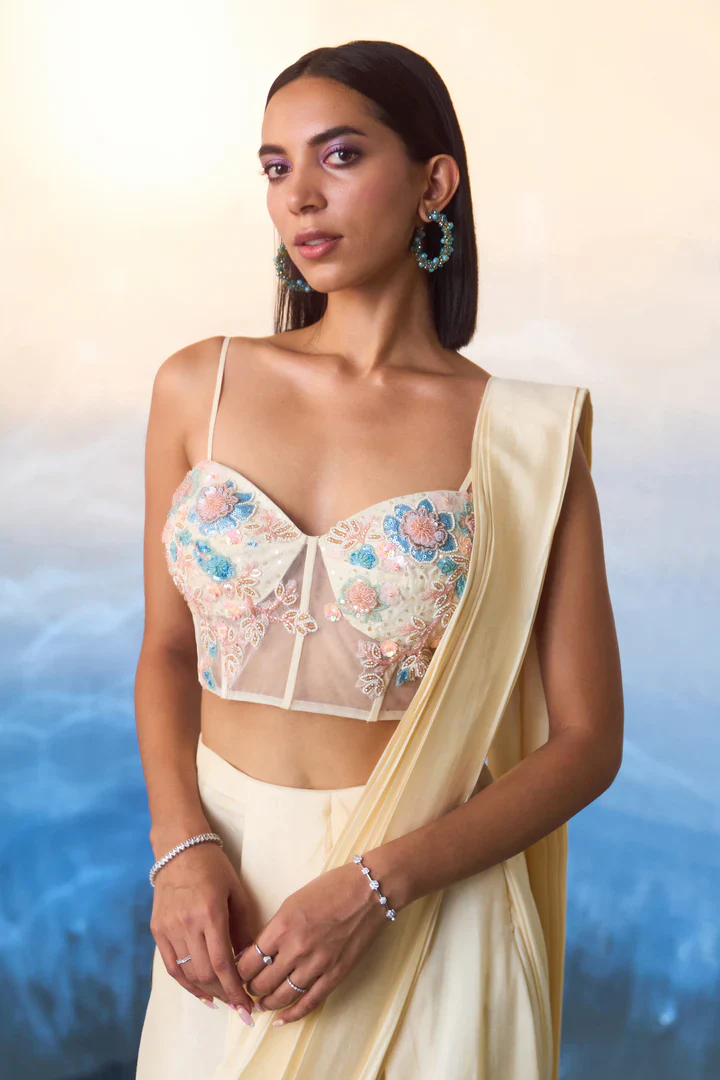 Champagne Silk Drape Saree - Image 4