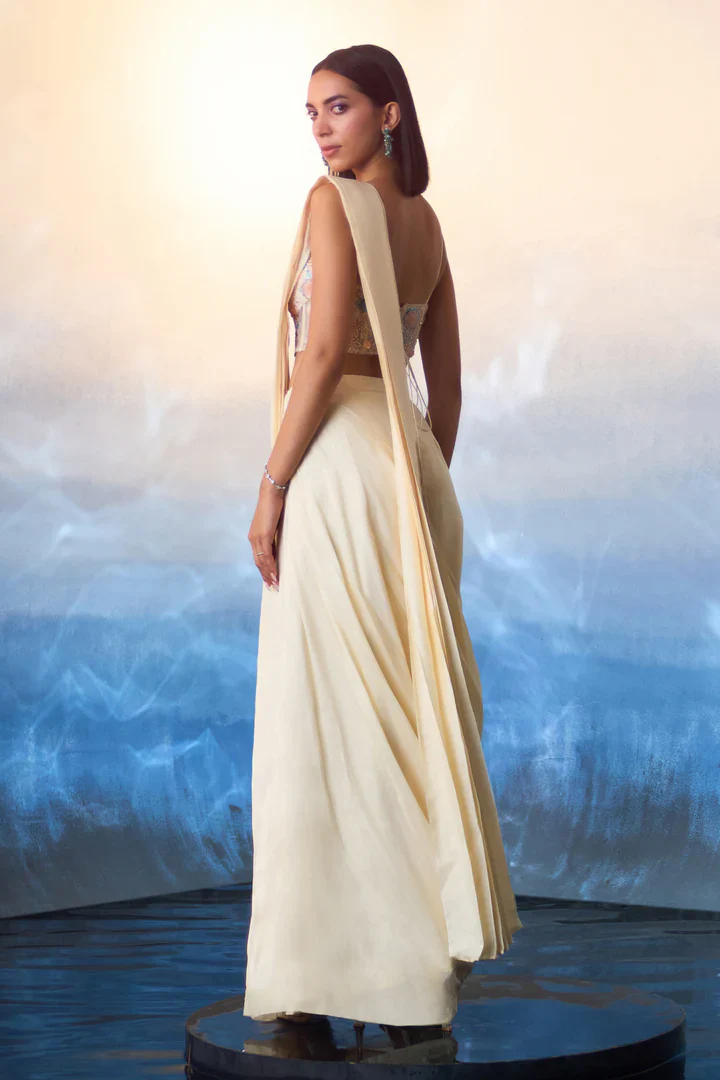 Champagne Silk Drape Saree - Image 5