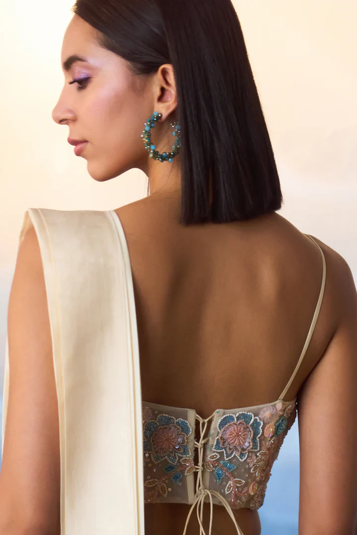Champagne Silk Drape Saree - Image 6