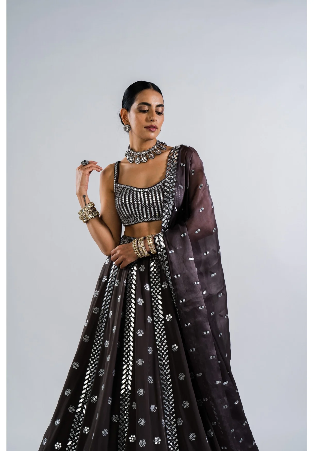 Charcoal Grey Flower Lehenga Set - Image 3