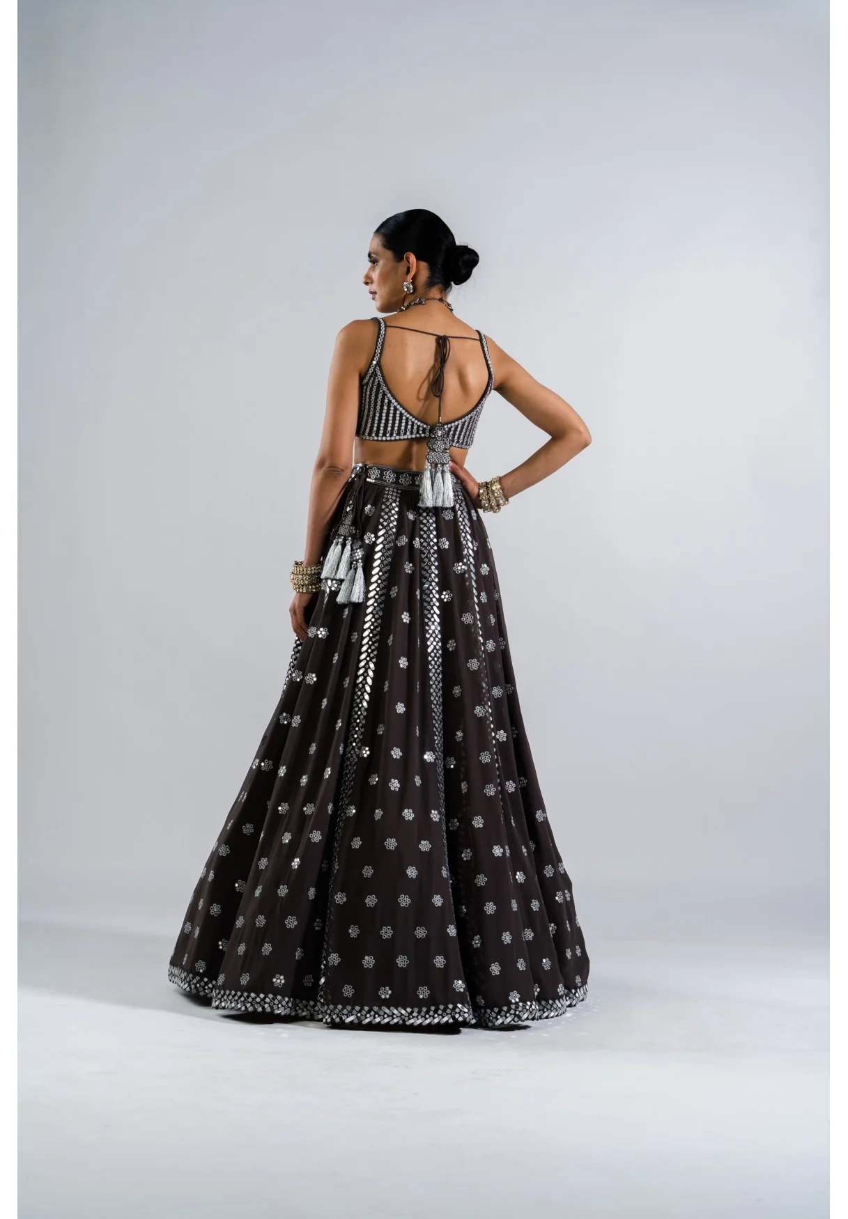 Charcoal Grey Flower Lehenga Set - Image 4