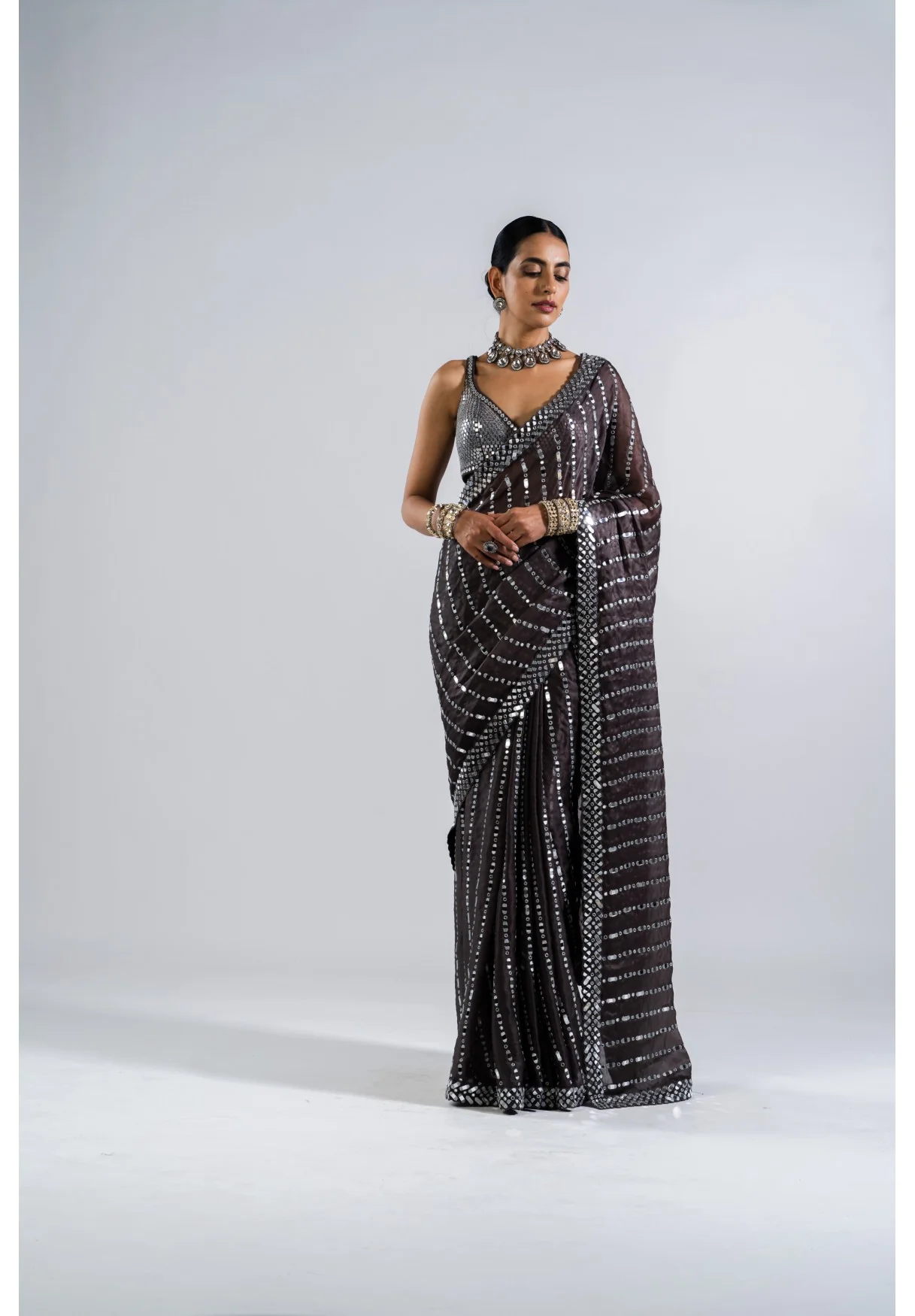 Charcoal Grey Heavy Mirror Work Saree With Metallic Blouse