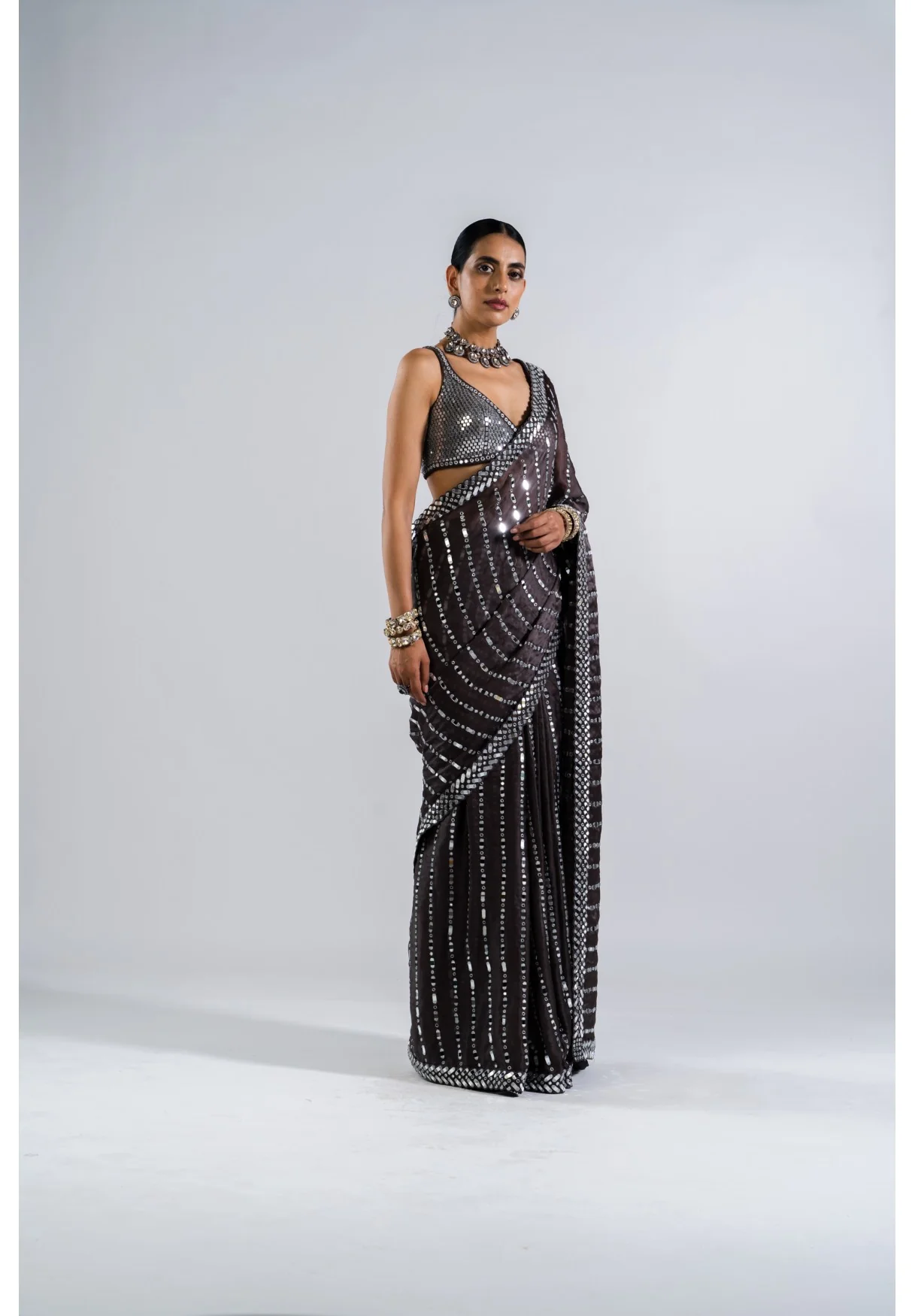 Charcoal Grey Heavy Mirror Work Saree With Metallic Blouse - Image 3