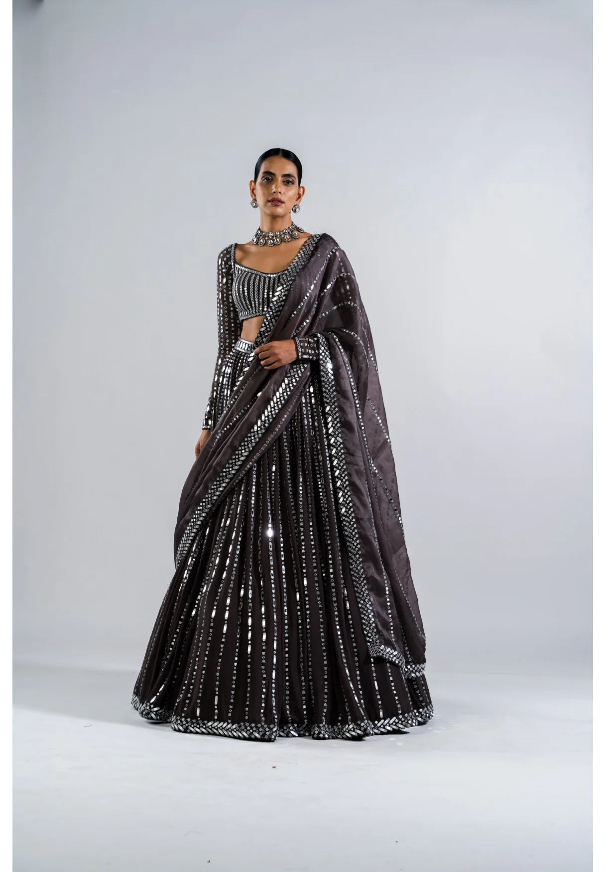 Charcoal Grey Linear Drop Lehenga Set - Image 3