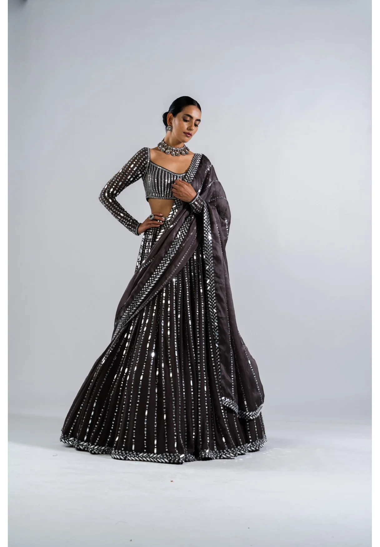 Charcoal Grey Linear Drop Lehenga Set - Image 4